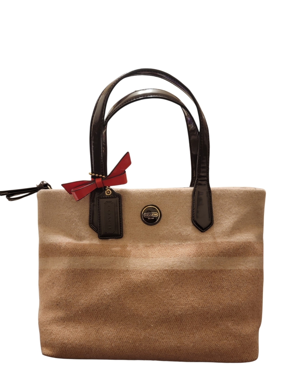 Coach Tan and Brown Stripe Tote with Red Bow Accent
